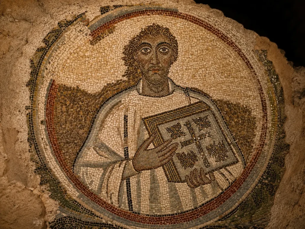 Ancient portrait mosaic inside the Catacombs of San Gennaro in Naples depicting an early Christian figure holding a decorated manuscript