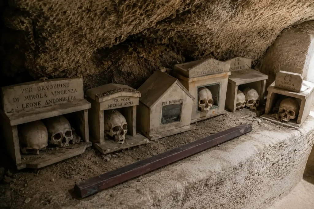Traditional anime pezzentelle skull shrines inside Fontanelle Cemetery Naples