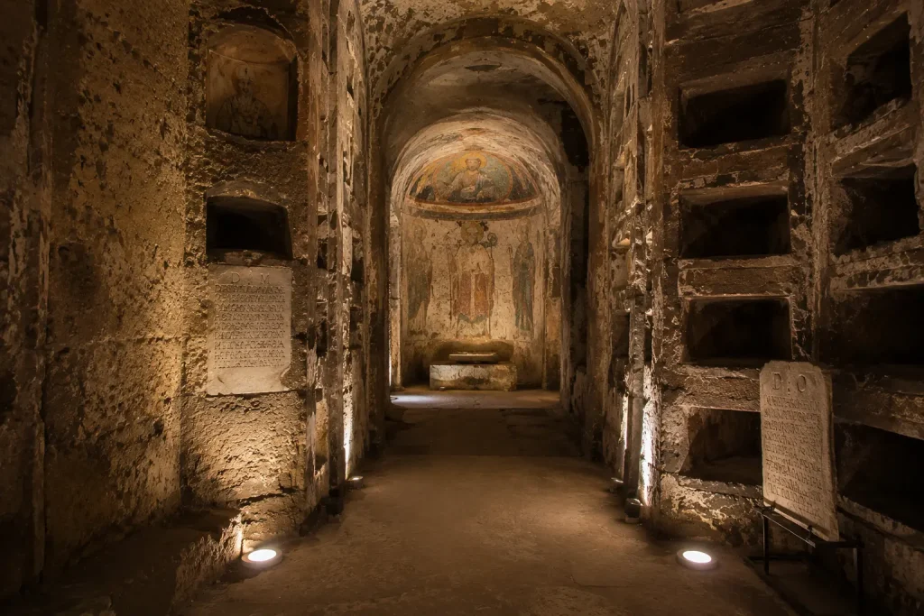 Ancient burial chamber in the Catacombs of San Gennaro where the arrival of Saint Januarius transformed the site into a major Christian pilgrimage destination