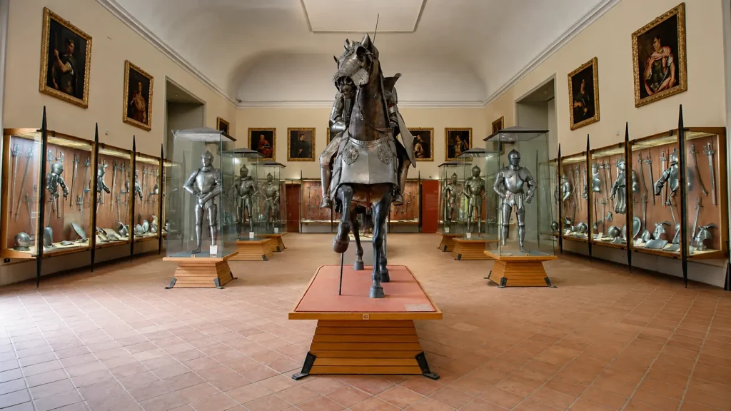Historic arms and armor gallery inside the Capodimonte Museum in Naples, Italy