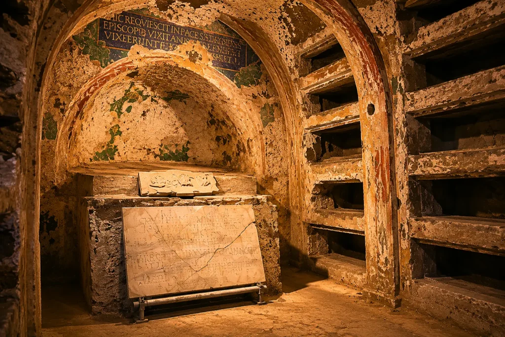 Ancient Roman family tomb inside the Catacombs of San Gennaro in Naples with burial niches, stone sarcophagus, and early funerary architecture
