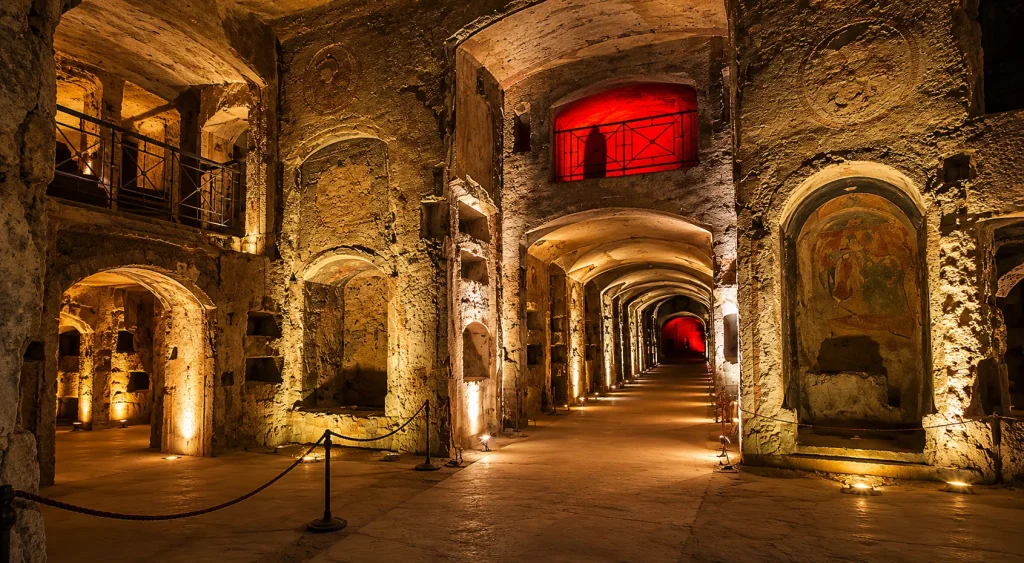 Catacombs of San Gennaro underground basilica in Naples with ancient tombs, vaulted corridors, and illuminated Early Christian architecture