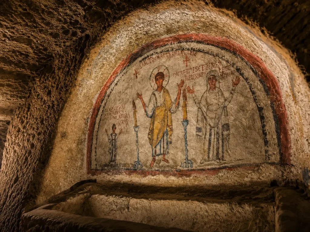 Early Christian fresco inside the Catacombs of San Gennaro in Naples featuring Byzantine-style religious artwork and ancient Christian symbolism