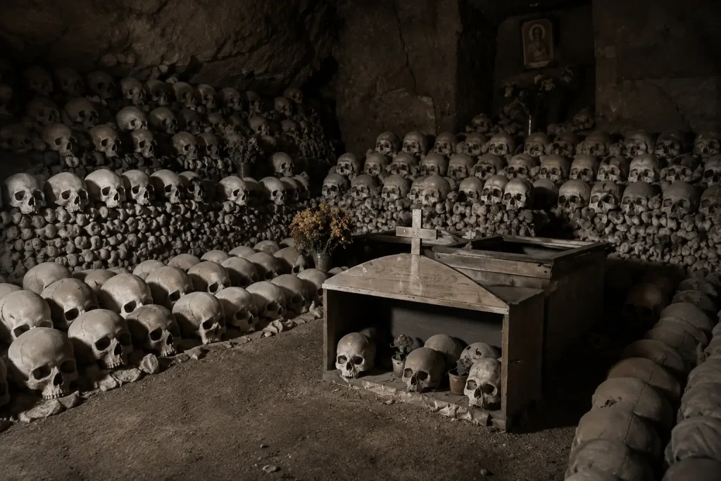 Ancient skulls and human bones inside the Fontanelle Cemetery ossuary in Naples, Italy, illuminated by dim atmospheric lighting.
