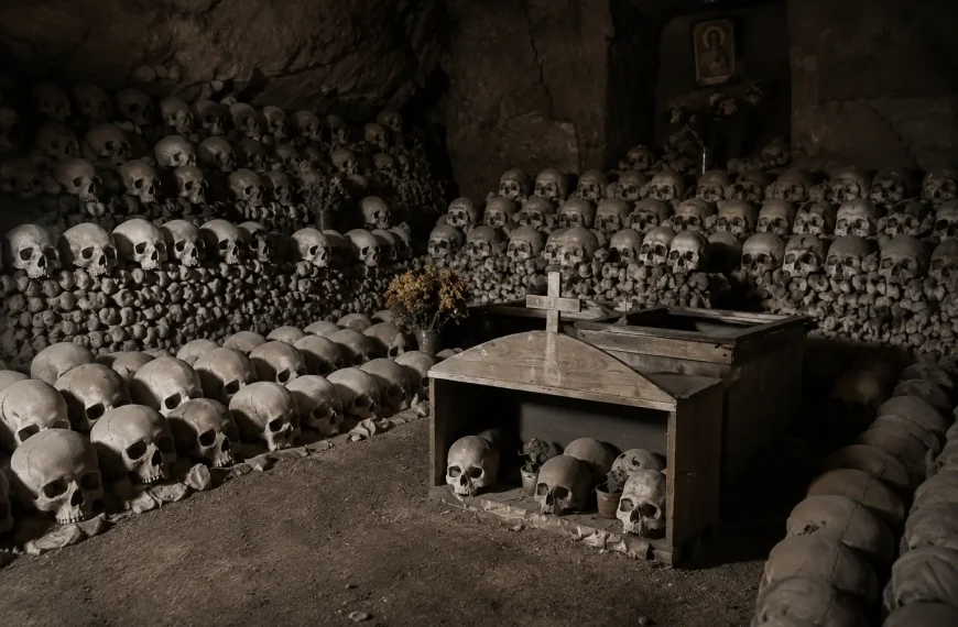 Ancient skulls and human bones inside the Fontanelle Cemetery ossuary in Naples, Italy, illuminated by dim atmospheric lighting.