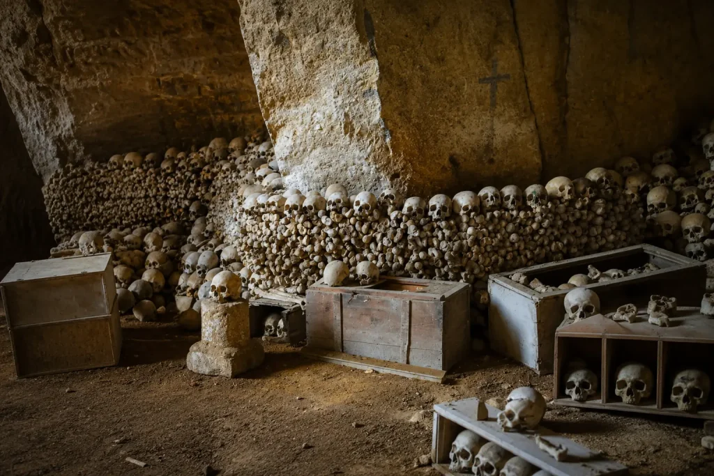 Historical ossuary arrangement inside Fontanelle Cemetery in Naples Italy