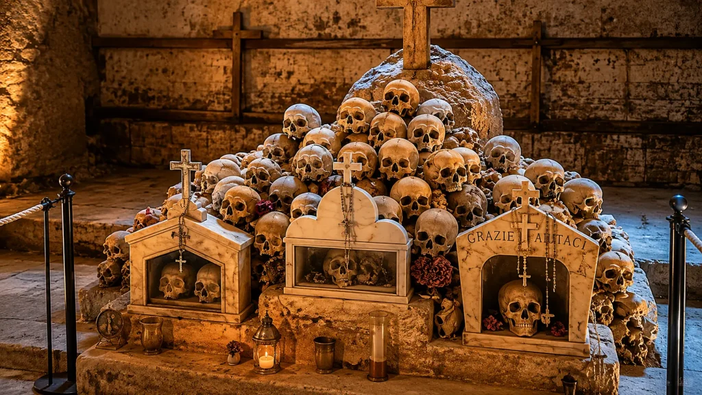 Historic skull altar inside Fontanelle Cemetery in Naples Italy