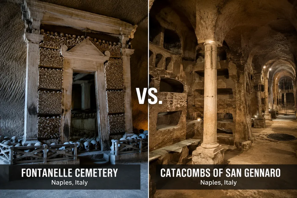 Comparison of Fontanelle Cemetery and Catacombs of San Gennaro in Naples Italy