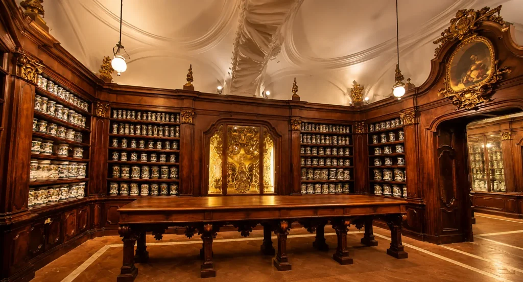 Historic interior of the Incurabili Pharmacy in Naples featuring ornate wooden cabinets, antique ceramic jars, Baroque architecture, and warm golden lighting.
