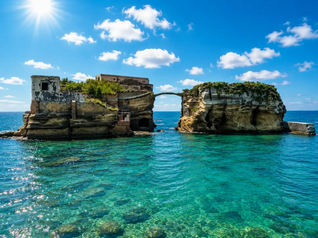 La Gaiola Island near Naples featuring crystal-clear turquoise water, rocky sea cliffs, ancient ruins, and a sunny Mediterranean sky.