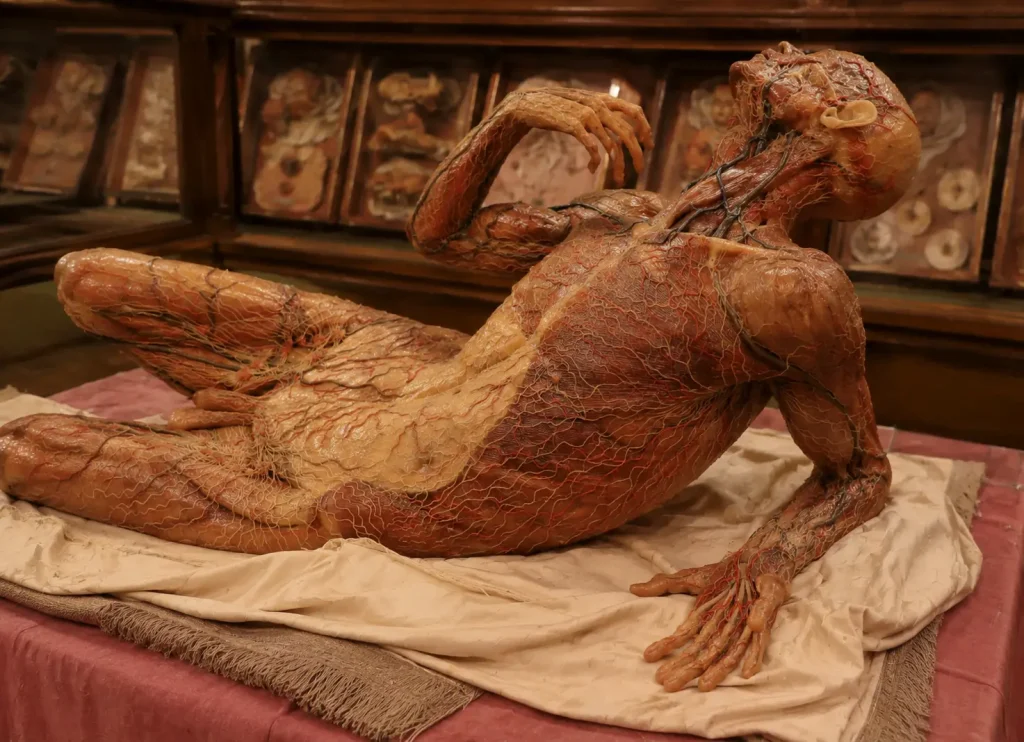 The Anatomical Venus wax model inside La Specola Museum in Florence displaying detailed human anatomy and vascular structures
