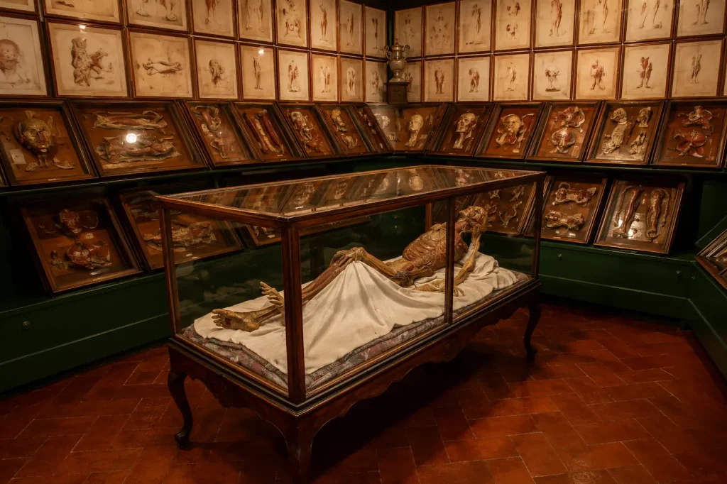 Historic anatomical wax exhibition room inside La Specola Museum in Florence featuring medical wax models and scientific displays