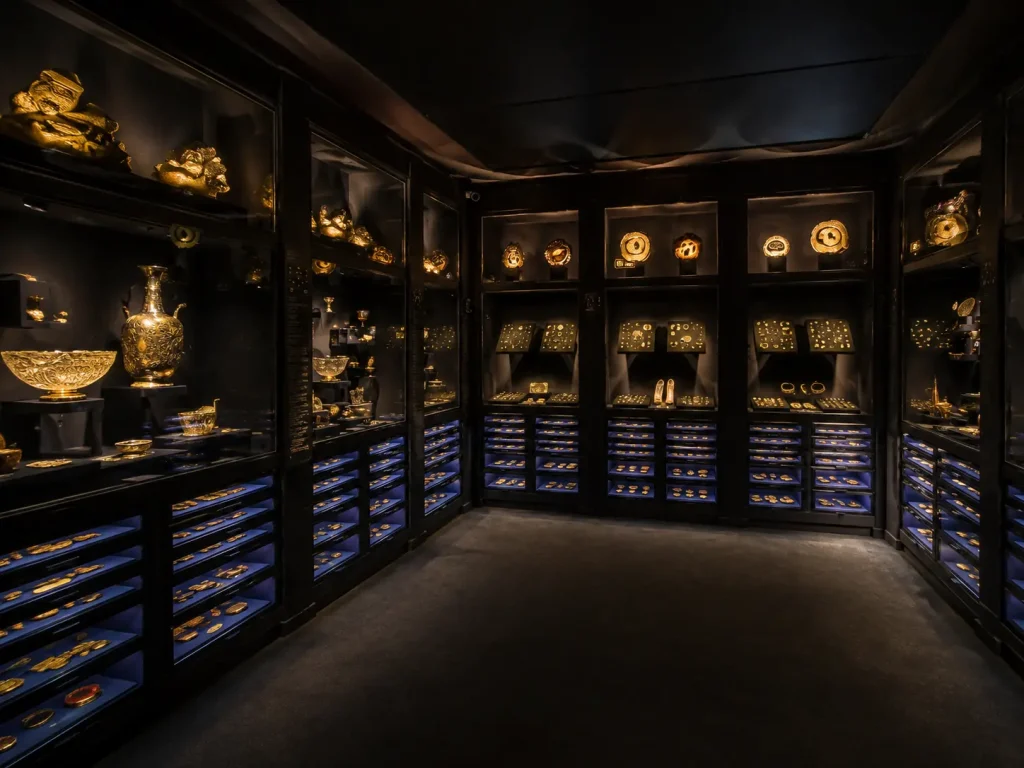 Dimly lit exhibition room inside La Specola Natural History Museum in Florence with illuminated historical scientific displays