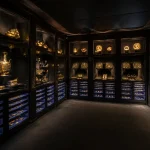 Dimly lit exhibition room inside La Specola Natural History Museum in Florence with illuminated historical scientific displays