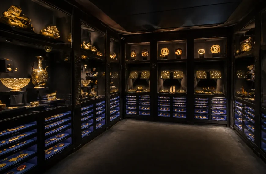 Dimly lit exhibition room inside La Specola Natural History Museum in Florence with illuminated historical scientific displays