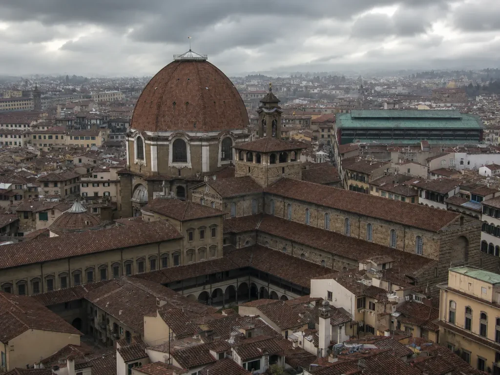 Aerial view of the Medici Chapels and Basilica of San Lorenzo in Florence, Italy, on a cloudy day