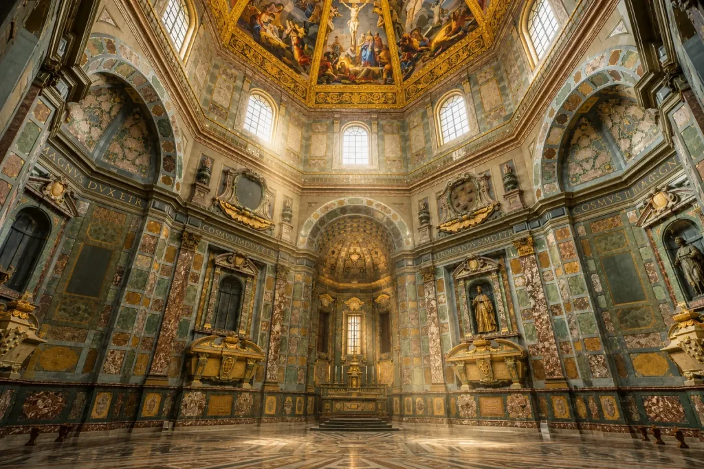 Interior of the Medici Chapels in Florence, Italy, where Michelangelo’s hidden underground secret room is located beneath the New Sacristy