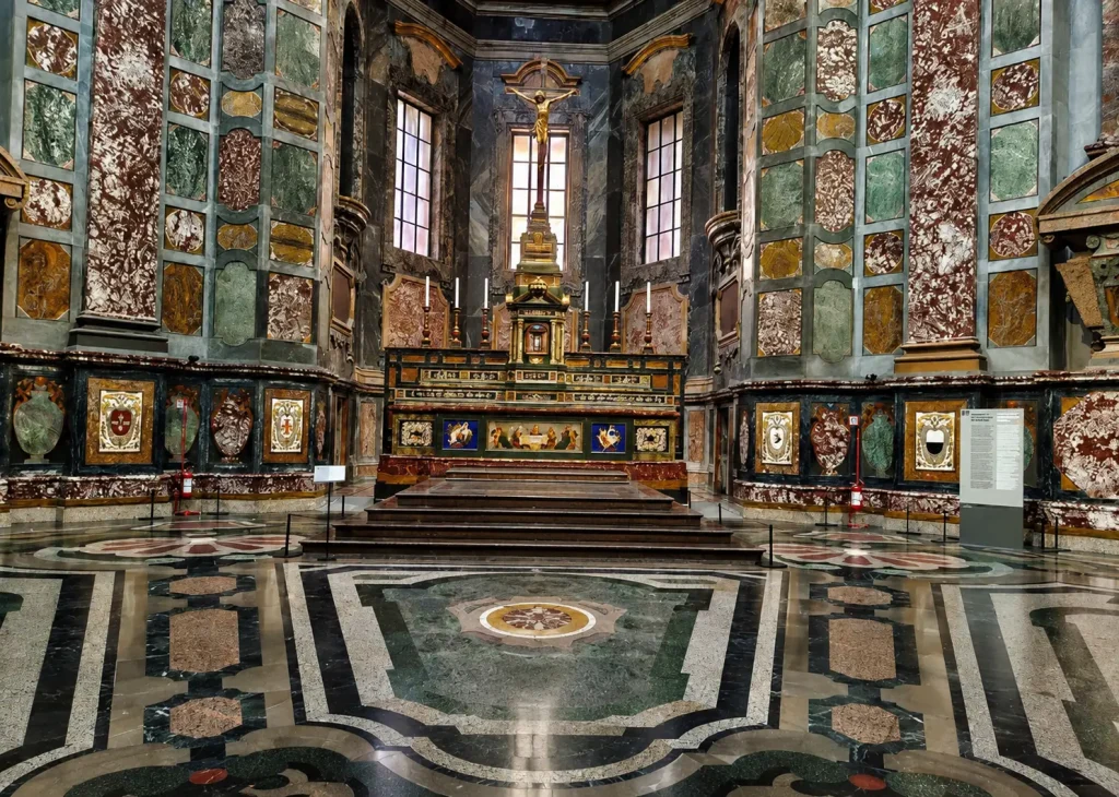 Interior of the Medici Chapels in Florence with Renaissance marble architecture and ornate altar