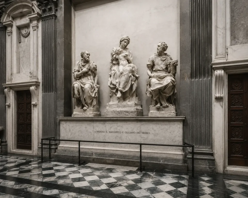 Marble sculptures inside the Medici Chapels in Florence created by Michelangelo during the Renaissance
