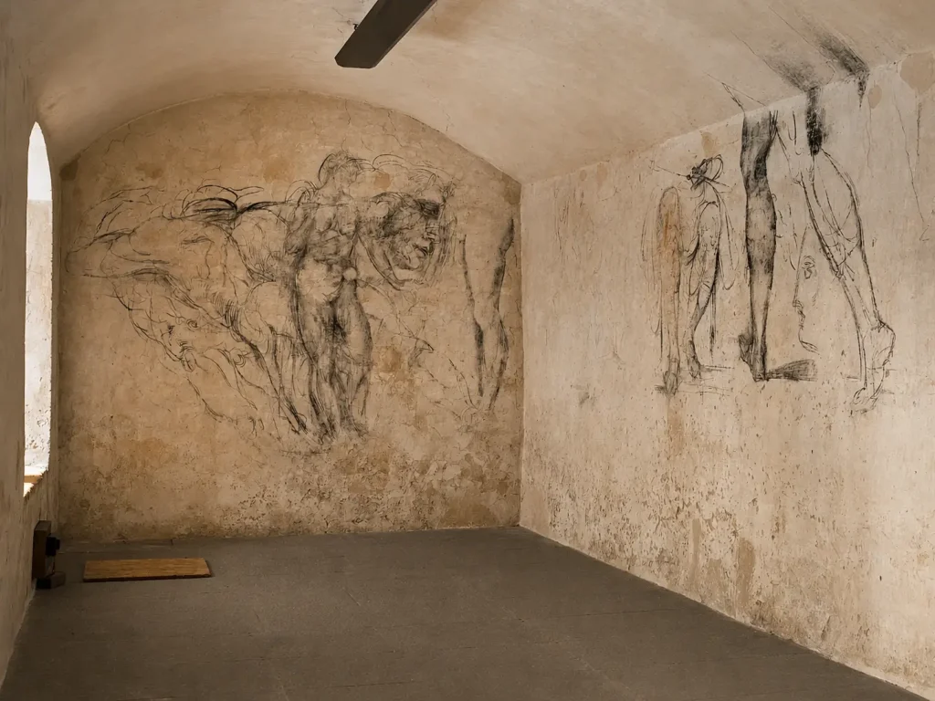 Charcoal sketches on the walls inside Michelangelo’s Secret Room beneath the Medici Chapels in Florence, Italy