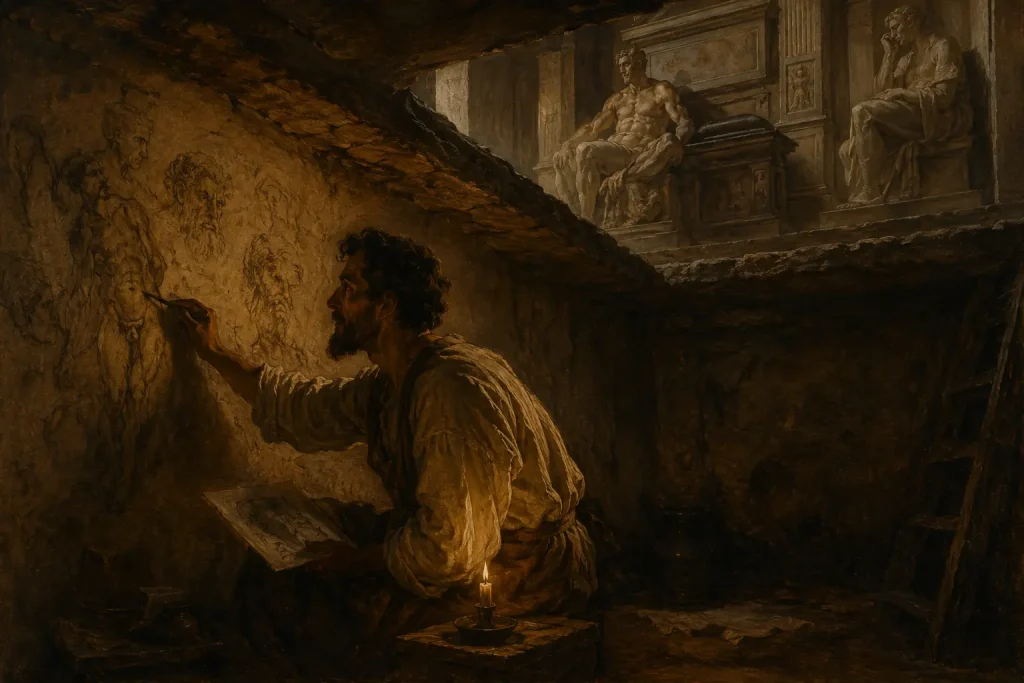 Michelangelo hiding in the secret underground room beneath the Medici Chapels in Florence, drawing charcoal sketches by candlelight