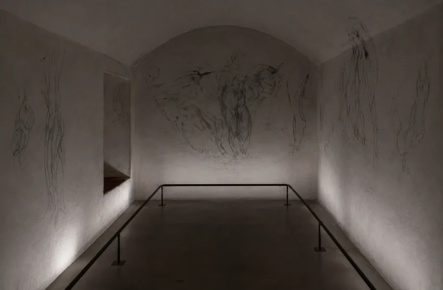 Dimly lit interior of Michelangelo’s Secret Room beneath the Medici Chapels in Florence with charcoal sketches covering the walls