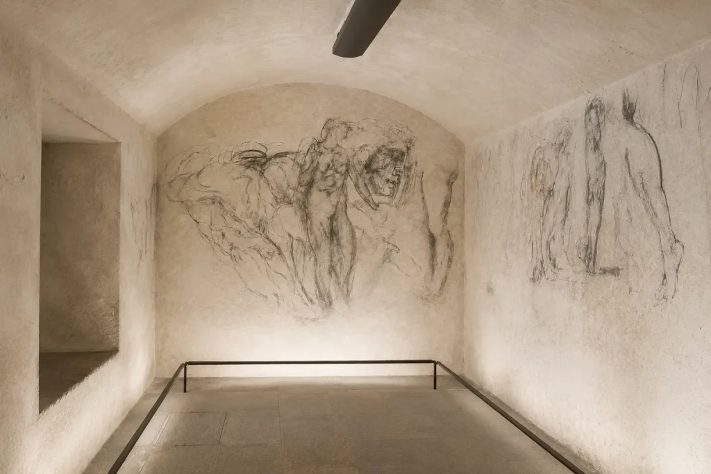 Interior of Michelangelo’s Secret Room beneath the Medici Chapels in Florence with charcoal sketches on the walls