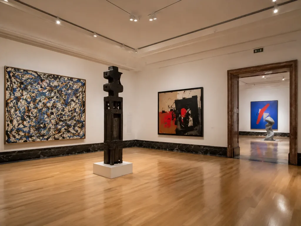 Modern art gallery inside the Capodimonte Museum in Naples featuring contemporary paintings and sculptures
