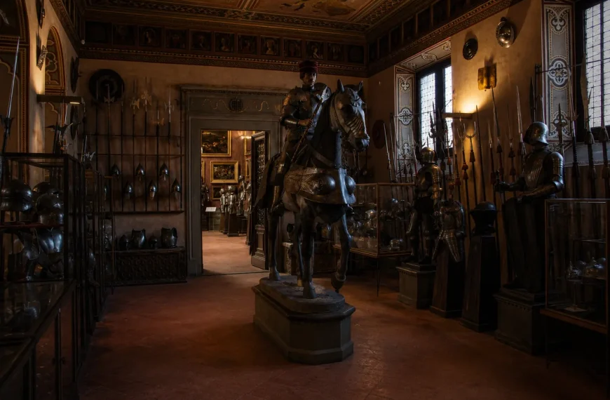 Dimly lit hall inside Museo Stibbert in Florence featuring medieval knight armor, weapons, and an armored horse display