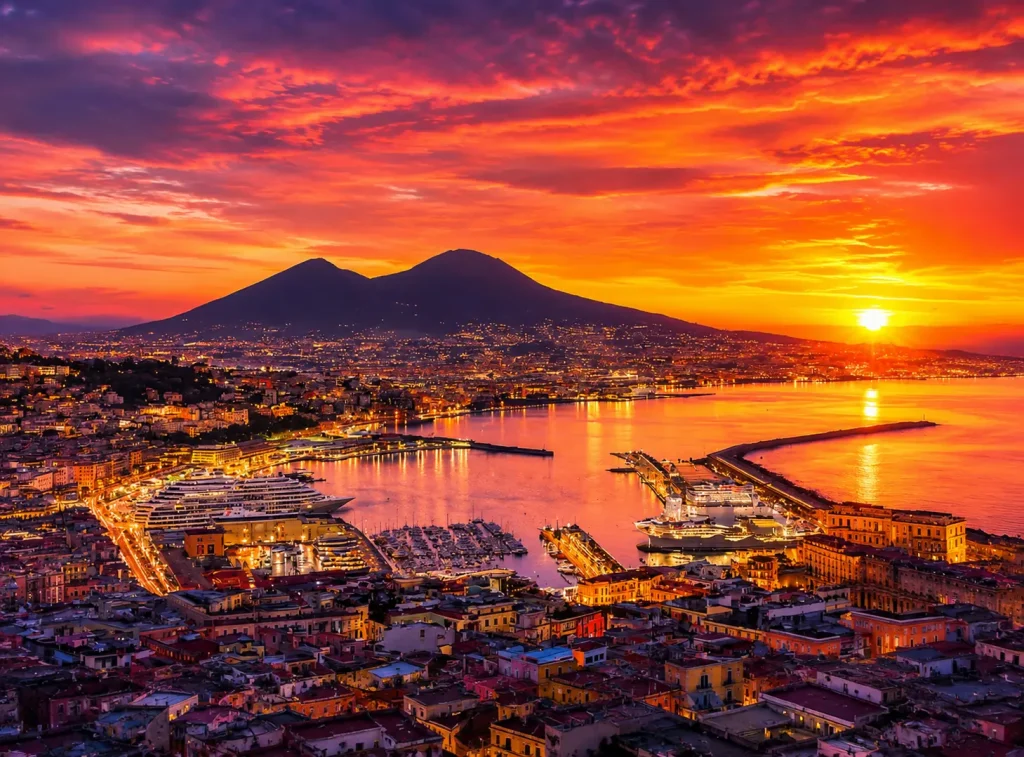Panoramic sunset view of Naples Bay with Mount Vesuvius, glowing harbor lights, cruise ships, and dramatic colorful skies.