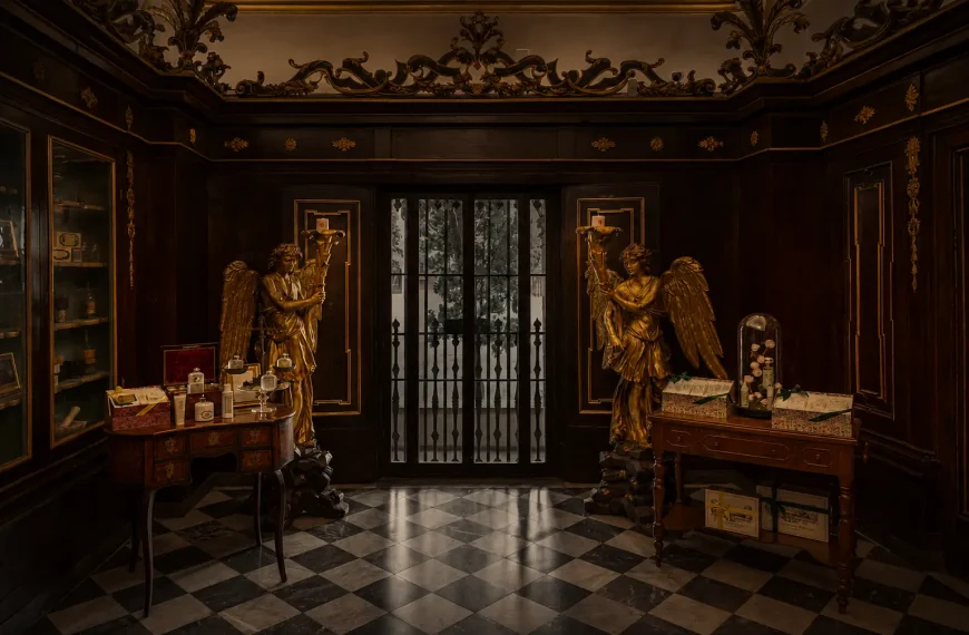 Dimly lit interior of Officina Profumo-Farmaceutica di Santa Maria Novella in Florence with antique wooden panels, golden statues, and historic perfume displays