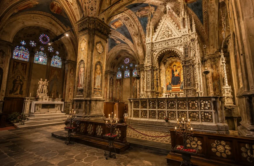 Orcagna Tabernacle inside Orsanmichele Church in Florence with Gothic arches and stained glass