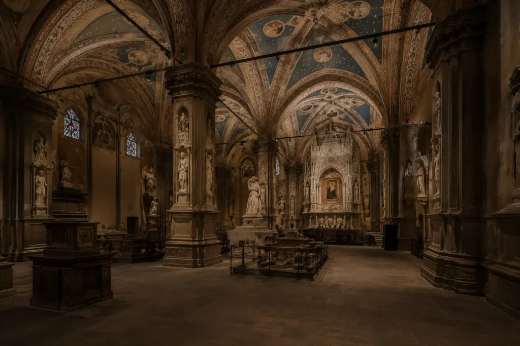 Interior of Orsanmichele Church in Florence with Gothic columns, Renaissance statues, and vaulted ceilings