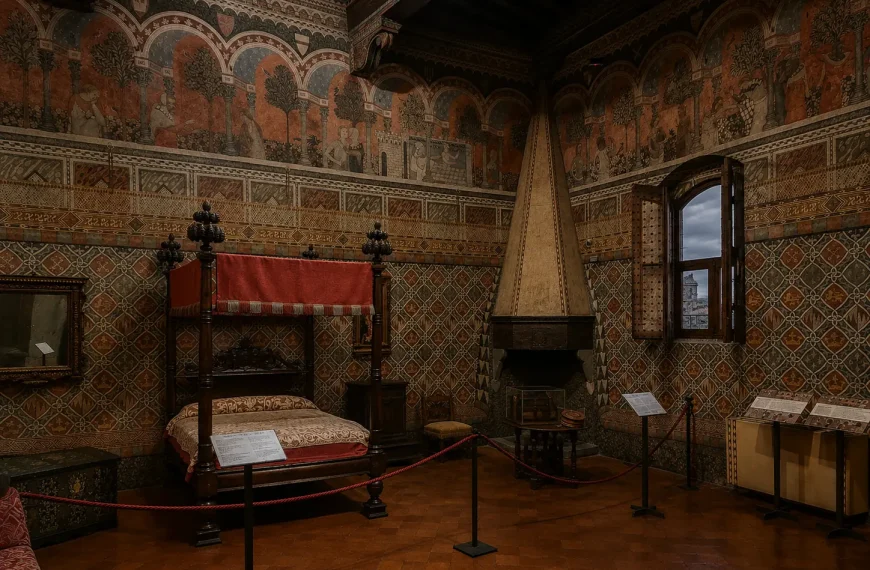 Medieval bedroom inside Palazzo Davanzati in Florence with frescoed walls, antique canopy bed, and historic interior details