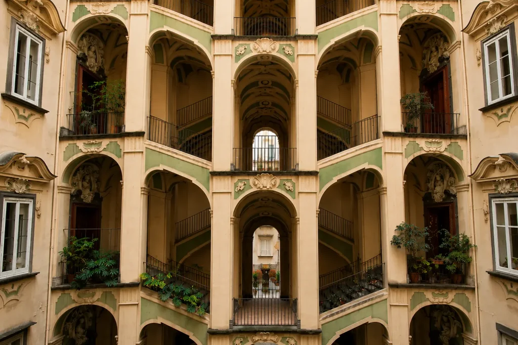 Symmetrical winged staircase courtyard inside Palazzo dello Spagnolo in Naples, Italy