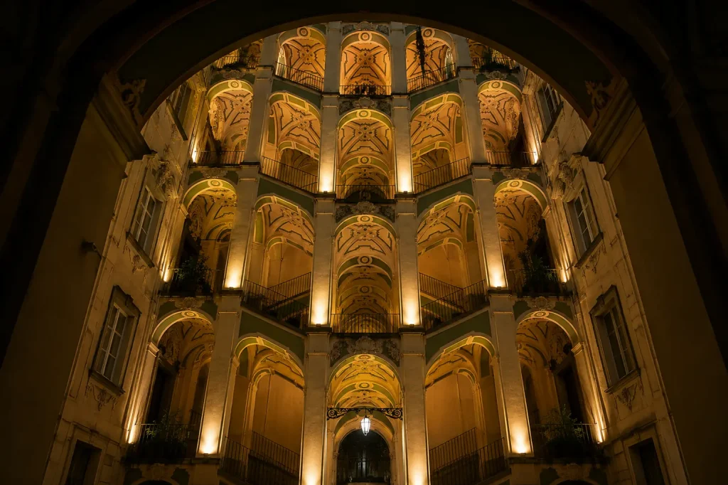Night view of the illuminated winged staircase inside Palazzo dello Spagnolo in Naples, Italy