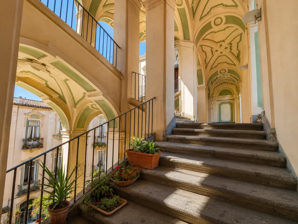 Sunlit staircase corridor inside Palazzo dello Spagnolo in Naples, Italy