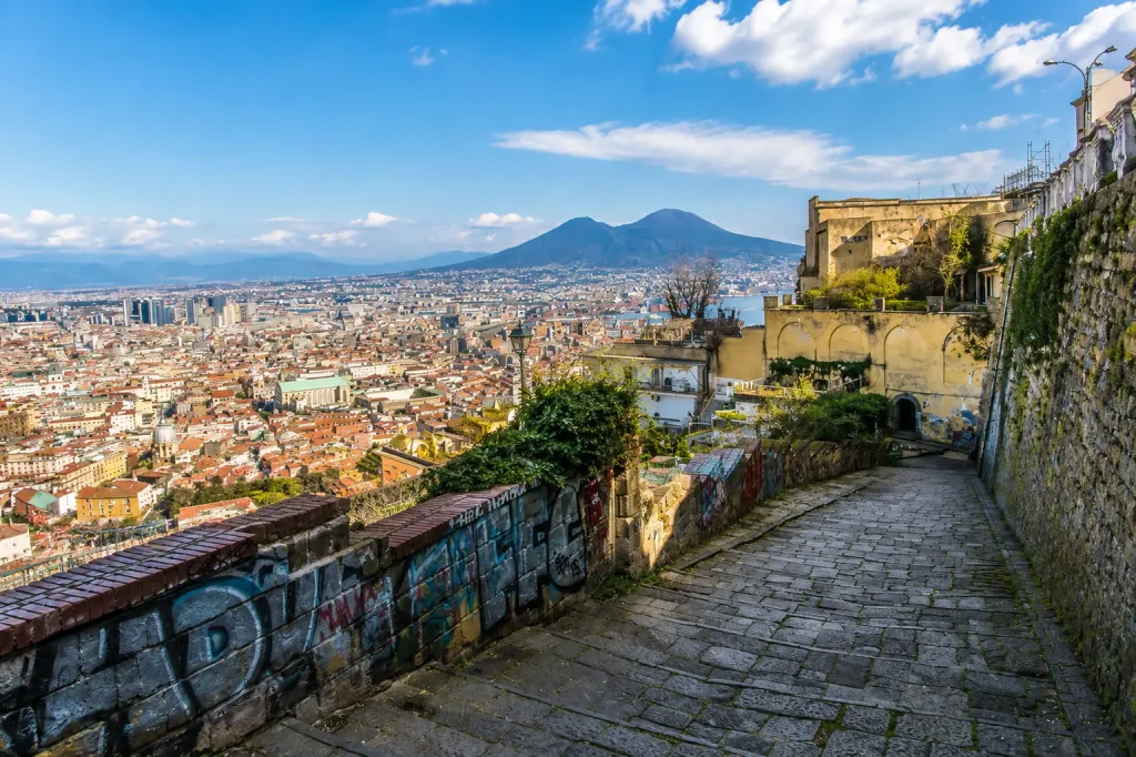 Panoramic view of Naples and Mount Vesuvius from the Pedamentina a San Martino staircase