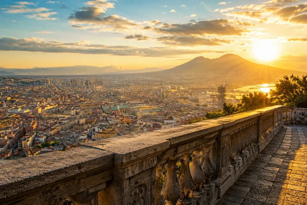 Sunset view of Naples and Mount Vesuvius from Pedamentina a San Martino