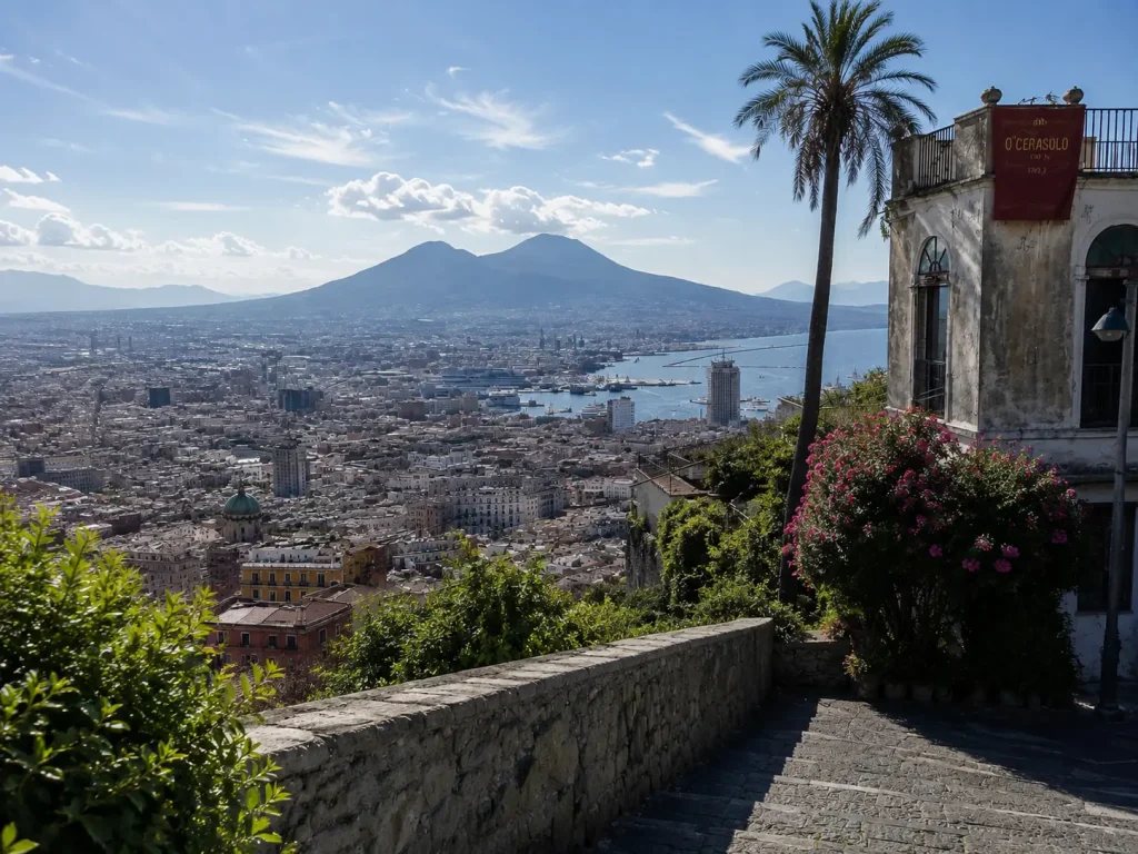 Panoramic view of Naples and Mount Vesuvius from Pedamentina a San Martino staircase