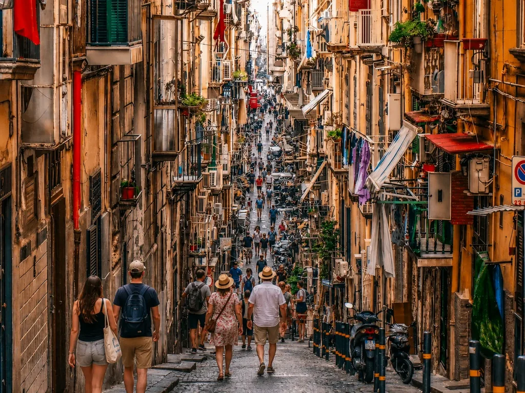 Narrow street in Quartieri Spagnoli Naples with tourists, parked scooters, balconies, and traditional Neapolitan buildings