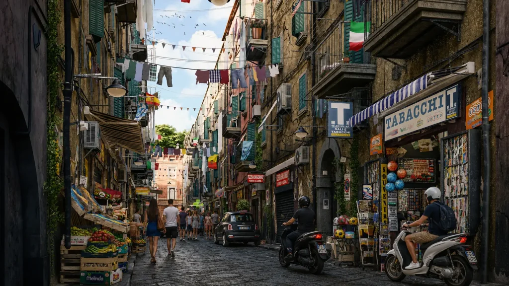 Vibrant street in Quartieri Spagnoli Naples with scooters, local shops, hanging laundry, and tourists walking through the Spanish Quarters