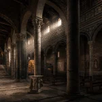 Mystical interior of San Miniato al Monte in Florence with Romanesque arches, marble columns, and dramatic rays of light