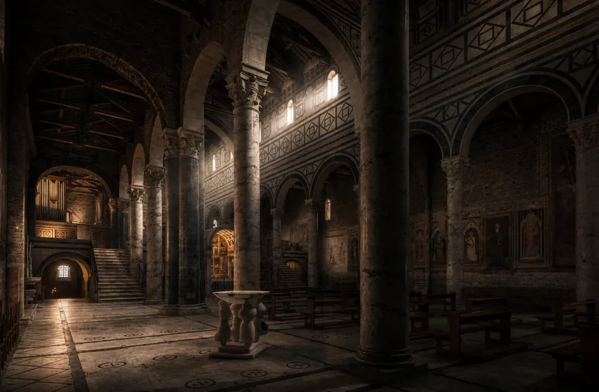 Mystical interior of San Miniato al Monte in Florence with Romanesque arches, marble columns, and dramatic rays of light