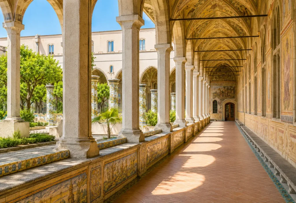 Sunlit Gothic arcade inside the Cloister of Santa Chiara in Naples, featuring frescoed vaulted ceilings, stone columns, and views of the famous majolica-tiled courtyard and citrus garden.