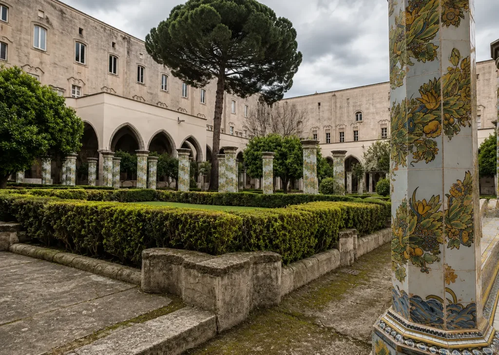 Courtyard of the Cloister of Santa Chiara in Naples featuring majolica-covered columns, manicured gardens, Gothic arcades, and historic monastery buildings under a cloudy sky.