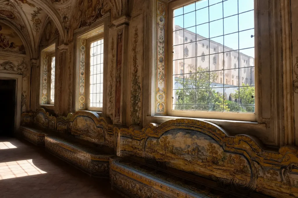 Historic upper gallery inside the Cloister of Santa Chiara in Naples, featuring large windows, majolica benches, and views toward the monastery courtyard, reflecting the secluded life of the Poor Clares.