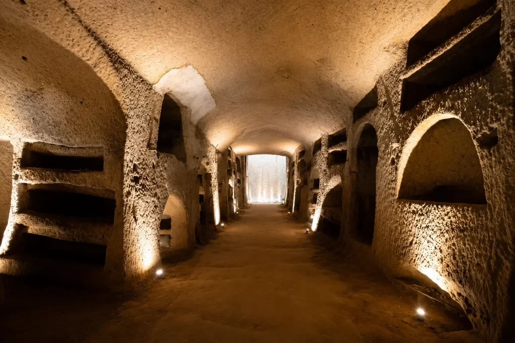 Underground basilica corridor inside the Catacombs of San Gennaro in Naples with vaulted ceilings, ancient burial niches, and Early Christian architecture