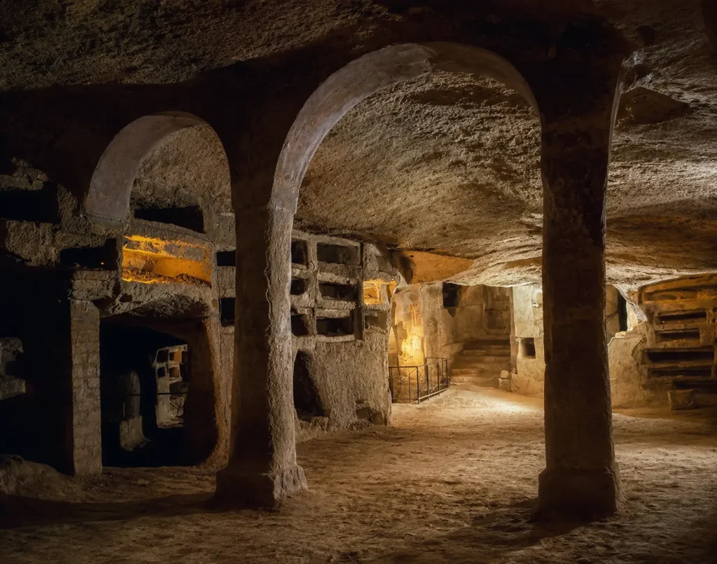 Upper Catacombs and Bishops' Crypt in the Catacombs of San Gennaro featuring ancient burial niches, stone arches, and Early Christian architecture