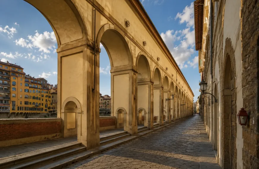 The Vasari Corridor in Florence with long Renaissance arches and an empty historic walkway above the Arno River